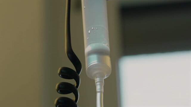 Medical infusion chamber with descending fluid drops during intravenous treatment in clinical setting, symbolizing healthcare support, recovery, healing and therapy delivery