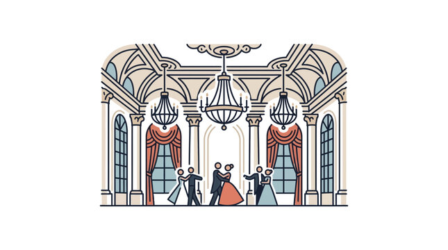 Elegant Ballroom Dancing: Couples waltz in a grand, chandelier-lit hall.