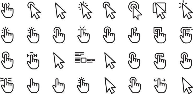 Computer Cursor and Hand Click Icons Set with Outlines, Scroll Gestures, and Swipe Actions for Ui Navigation