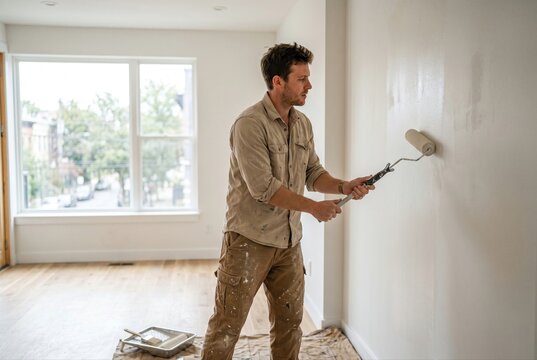 Young man painting a wall with a paint roller during a home renovation project