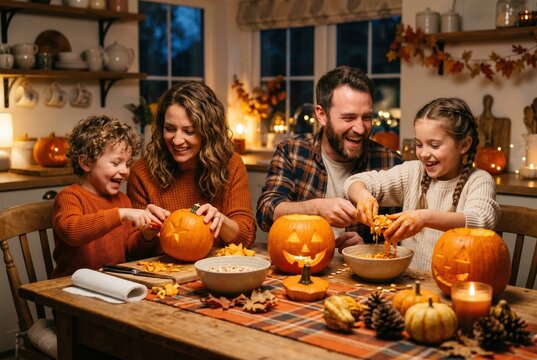 Happy family carving Halloween pumpkins together at home. Parents and children creating decorations in a cozy kitchen with warm candlelight