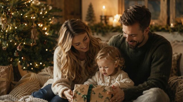 Young family with a toddler opening a Christmas gift together in a cozy living room