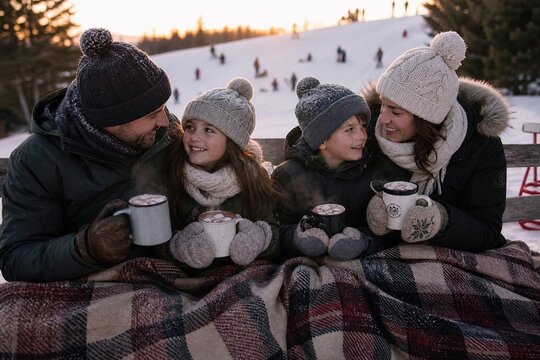 Happy family enjoying hot chocolate together during a winter vacation in the mountains. Parents and children sitting on a bench wrapped in a warm blanket, drinking cocoa
