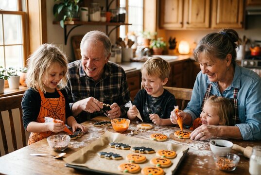 Happy grandparents and grandchildren decorating Halloween cookies together in a cozy family kitchen