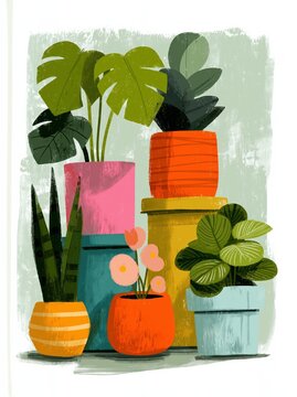 Beautiful Flowerpot with Colorful Cut Flowers and Houseplants
