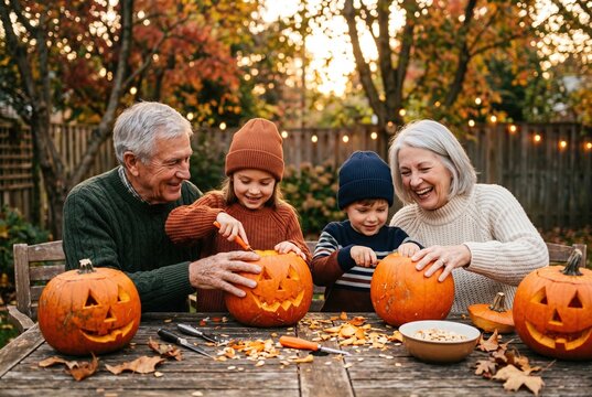 Happy grandparents and grandchildren carving Halloween pumpkins together outdoors in a cozy autumn backyard