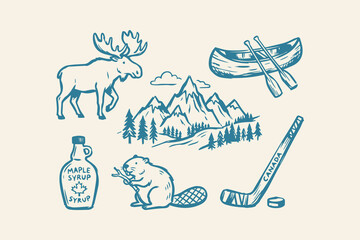 Set of canada symbols with moose beaver maple syrup canoe mountain and hockey stick in doodle sketch style Vector, illustration © Foysal