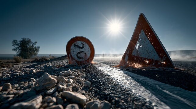 Verkehrswarnschild in ausgetrockneter Landschaft w&auml;hrend extremer D&uuml;rre