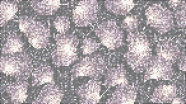 Abstract digital halftone background, featuring a repeating, pattern of leaf, shapes composed of, tiny square pixels, on a dark, grey background texture