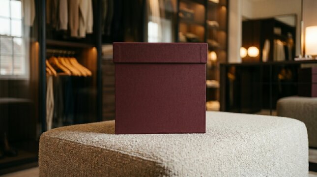 Product photography shot of a sleek, solid deep maroon square gift box with a thin matching ribbon handle, placed on a modern, neutral-toned fabric ottoman.
