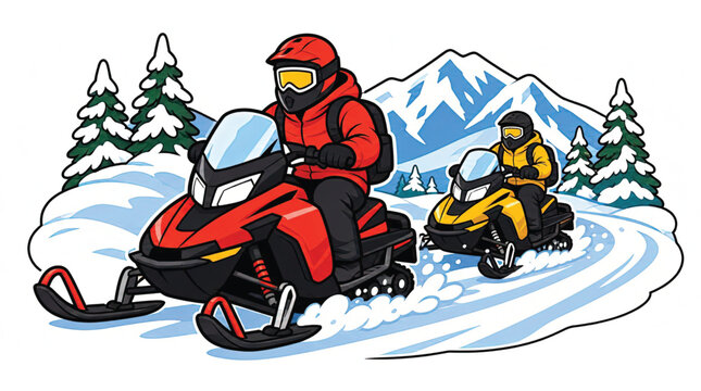 Man and woman riding snowmobiles fast.