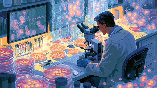 In a bright cell-culture laboratory, a scientist examines fibroblasts under fluorescence microscopy while comparing ATP production, mitochondrial membrane potential, and oxygen consumption rate traces