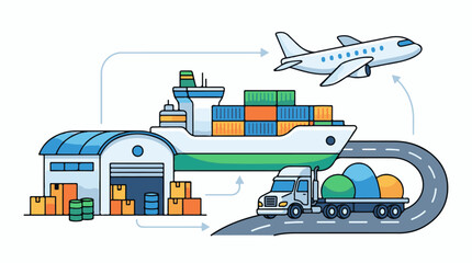 Fototapeta premium Cartoon image depicting global supply chain and logistics with ship, truck, plane, and warehouse