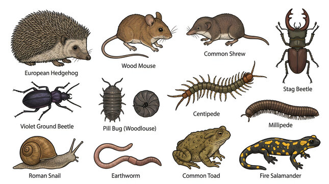 Illustrated collection of small forest floor creatures: hedgehog, shrews, beetles, snail, toad, and salamander
