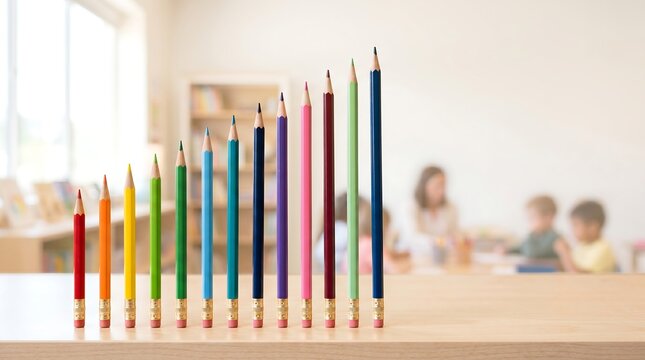 Colorful pencils standing on a wooden table in a classroom setting with children