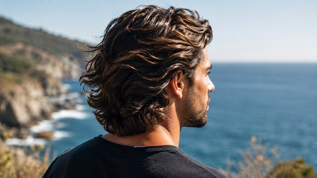 Profile back view of a man with thick medium length wavy surfer hair standing by the ocean