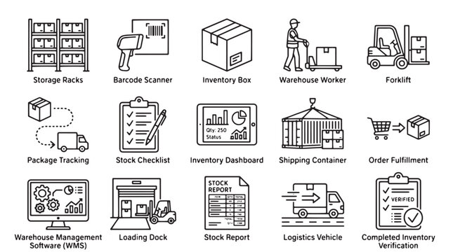 Warehouse icons, inventory management symbols, logistics vector set, 16 stock illustrations