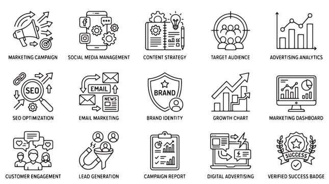 Digital marketing icons, business strategy symbols, SEO optimization graphics, 16 financial management illustrations