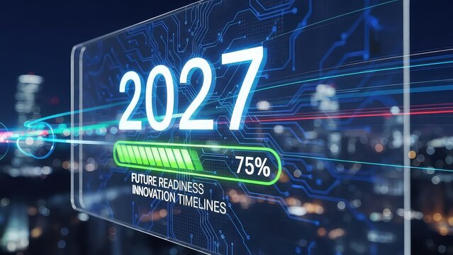 Digital countdown to 2027 with financial growth forecast and 75 percent increase in futuristic cityscape