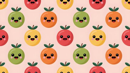Fototapeta premium Cute happy fruit seamless pattern on pink background cartoon apples and oranges