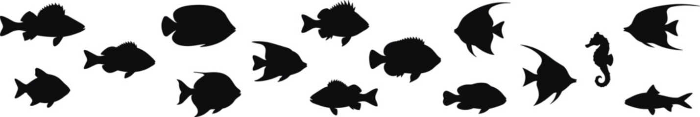 Marine Fish Silhouette Collection Vector Set with Tropical Fish Seahorse and Aquatic Wildlife Isolated Shapes © MstSaifun