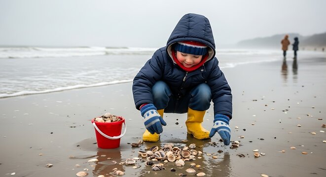 Young child in warm clothes collects seashells on a misty, overcast beach