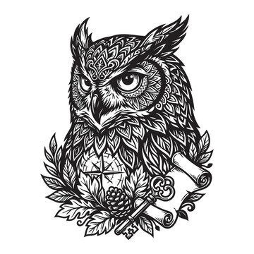 Intricate black and white mandala style owl illustration with a compass, vintage key, and scroll.