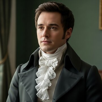Young man in period formal wear with ruffled cravat and dark coat