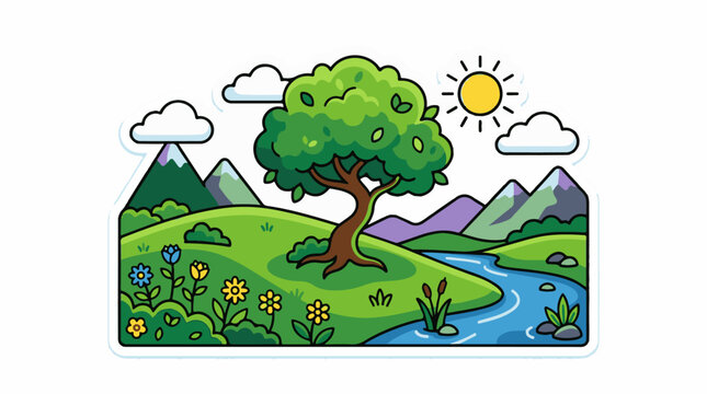 A serene cartoon landscape with a tree, stream, flowers, and mountains under a sunny sky