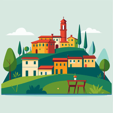 A serene countryside village perched on a green hill with trees and a distant tower