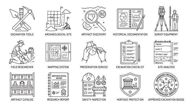 Excavation icons, construction tools, mining symbols, site equipment, 20 vector graphics