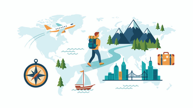 A travel-themed graphic illustration featuring a man with a backpack standing on a winding road