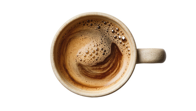 Isolated ceramic coffee mug with rich dark espresso and frothy crema, overhead view