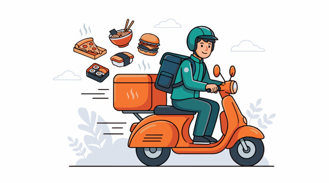 Food delivery person riding a scooter with various food items