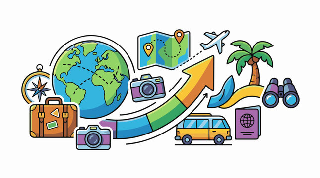 Colorful travel icons surround a globe