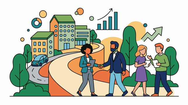 Illustration of four business people walking on a road with a building and trees in the background