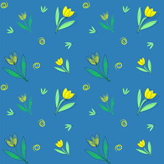 Obraz premium Seamless abstract floral pattern in doodle style, single-line outline, and offset color spot. Blue background.