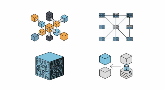 A graphic illustration of four cubes and computer networks