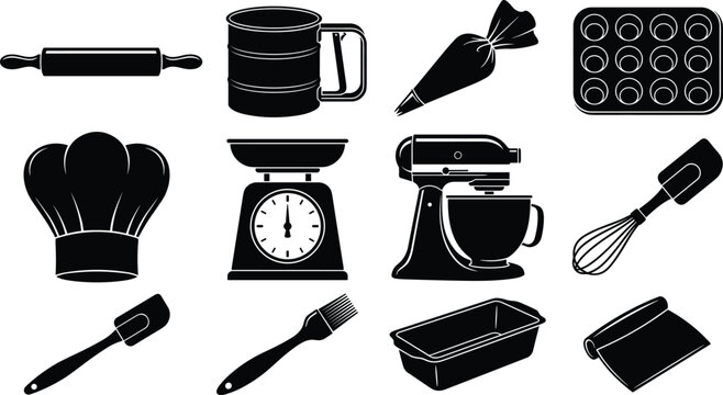 Baking Equipment and Pastry Tools Icon Set Featuring Rolling Pin, Flour Sifter, Piping Bag, Kitchen Scale, Stand Mixer, Muffin Tin, and Spatulas Vector Illustration