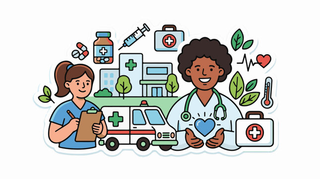 A diverse pair of medical professionals surrounded by health-related icons and vehicles
