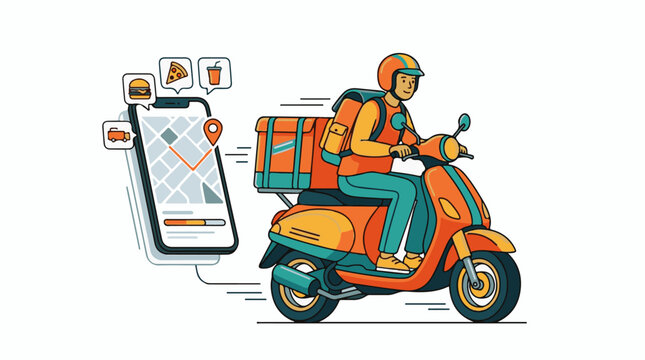 A food delivery person rides an orange scooter with a large insulated bag