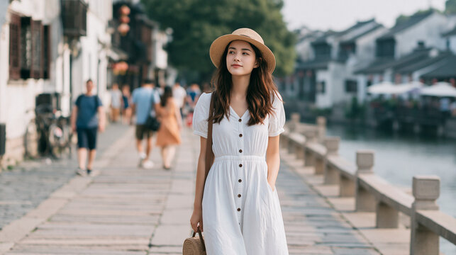 Woman in white dress walking down a city street with a confident stride