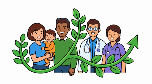 A diverse family with two medical professionals and a growing plant