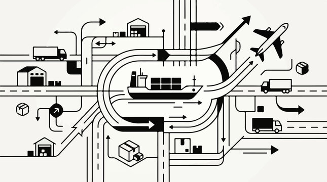A complex logistics diagram showcasing various transportation modes and routes