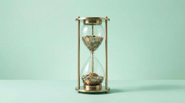 Hourglass filled with golden coins representing time is money, financial investment, and cash flow concept on mint green background