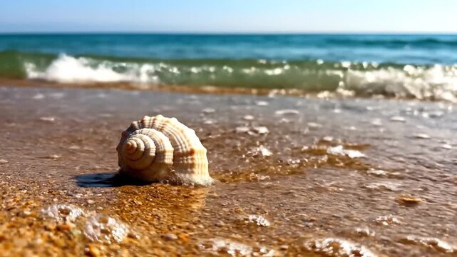 A spiral seashell resting on the sandy beach as ocean waves wash over