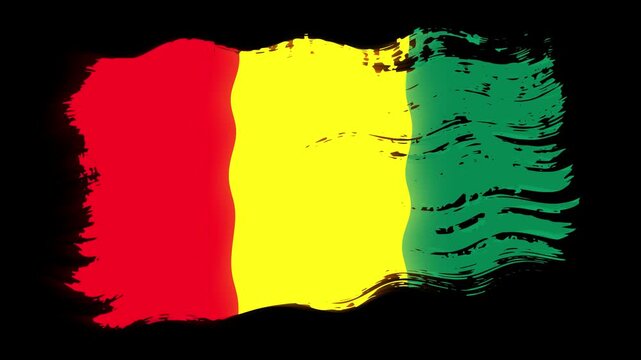 Waving torn Guinea flag grunge brush burn light leaks, transparent background alpha channel loop full HD
