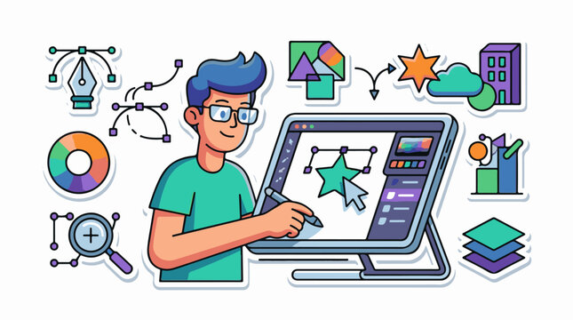 A cartoon man with blue hair and glasses uses a stylus on a graphics tablet