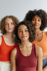 Obraz premium Trio portrait of three young women wearing colorful tanks for lifestyle and wellness banner or background design