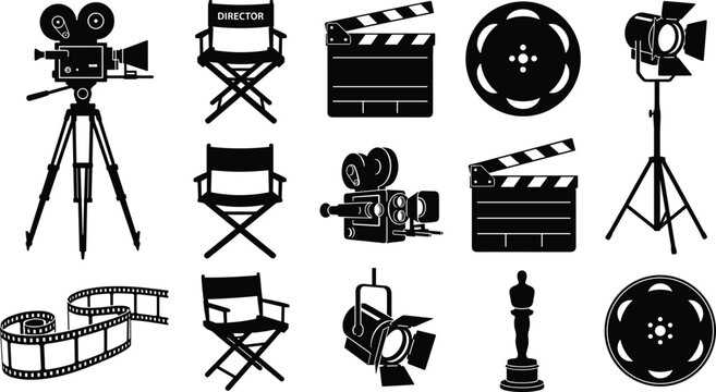 Film and Cinema Production Icon Set Featuring Professional Cameras, Director Chairs, Clapperboards, Film Reels, Lighting Equipment, and Award Statues for Filmmaking
